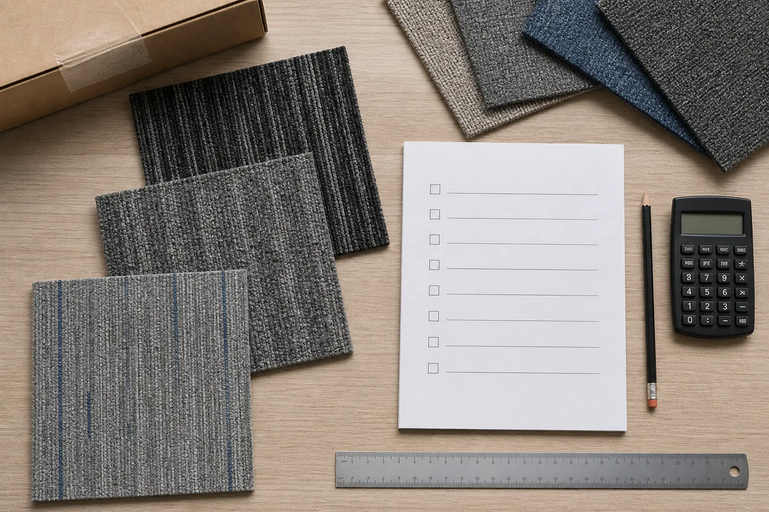 Commercial carpet tile RFQ checklist with samples, ruler, calculator and procurement notes
