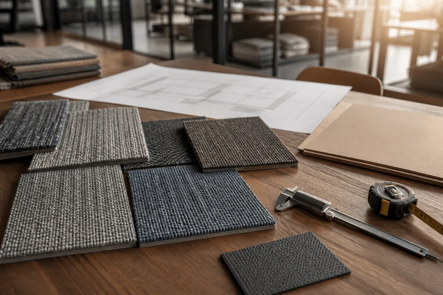 Commercial carpet tile samples, specification documents and project drawings prepared for B2B procurement review