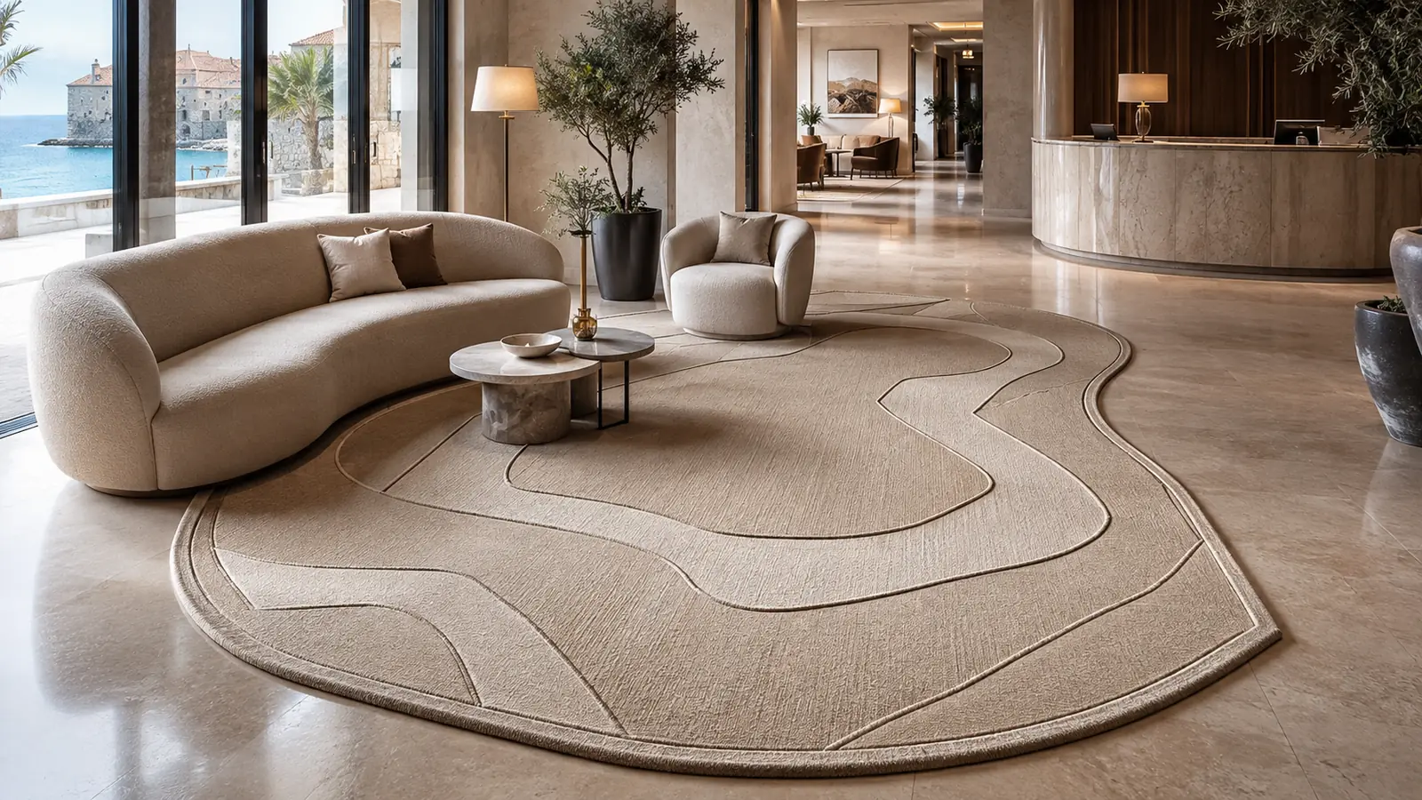 Custom sculpted wool rug in a Croatian hotel lobby with a luxury reception setting