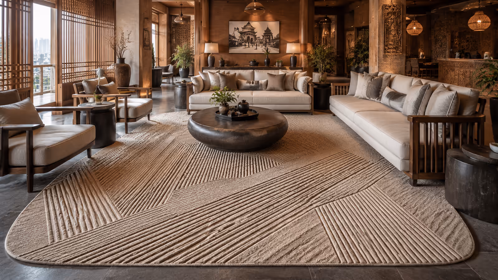 Custom sculpted wool rug in a Nepal hospitality lounge with carved geometric texture