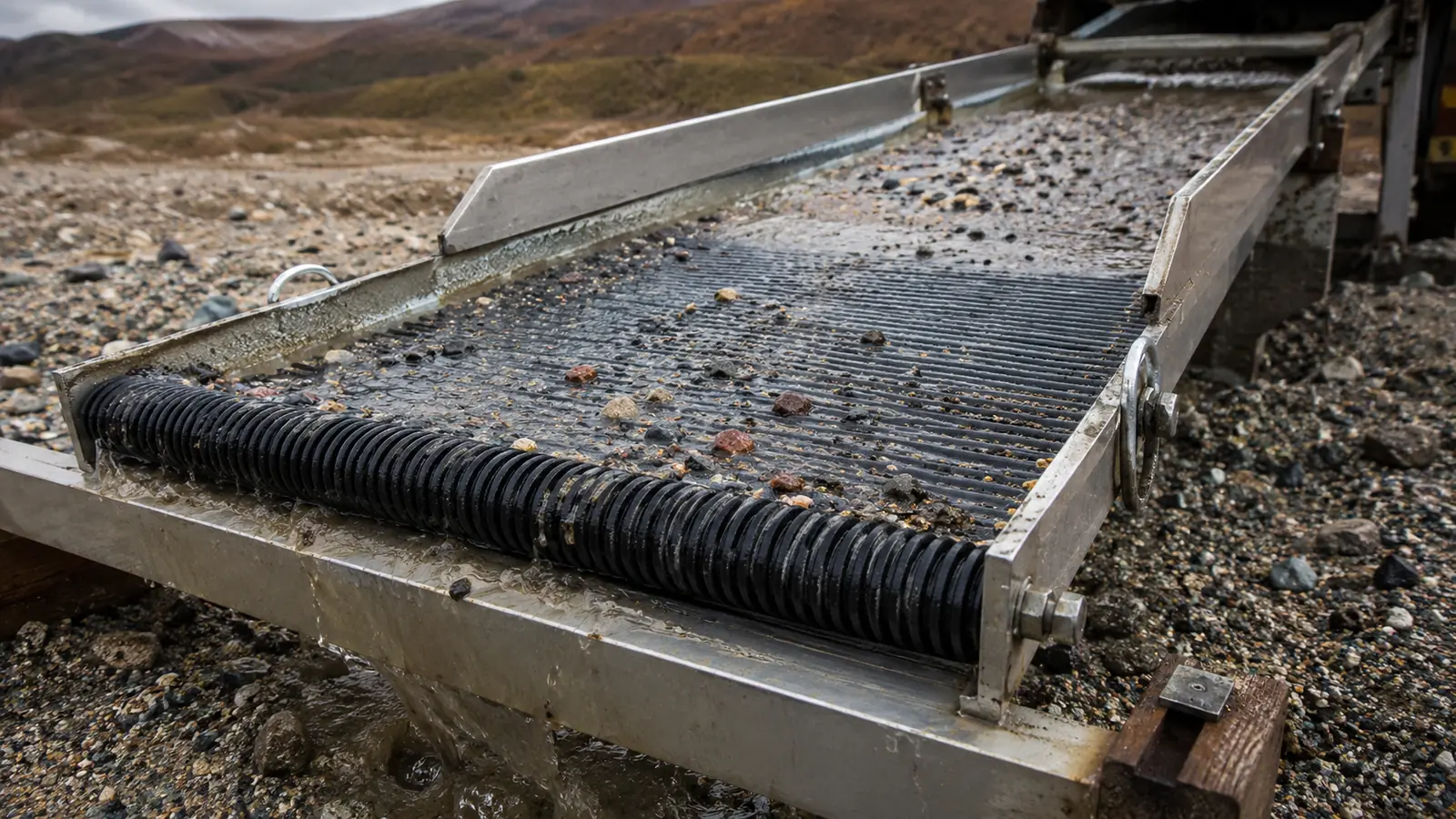 Gold mining carpet sluice box in Kazakhstan with flowing water and outdoor recovery site