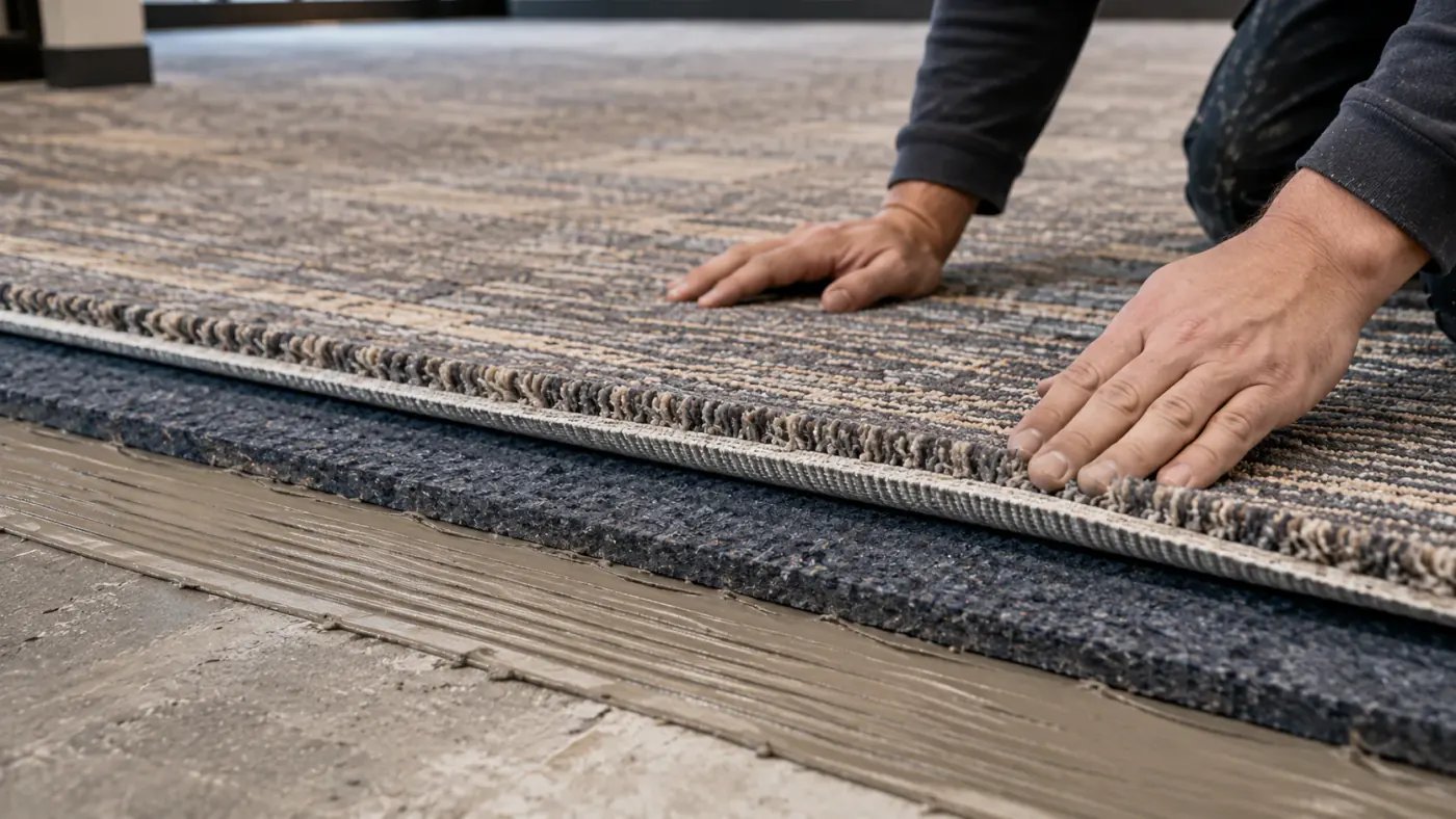 Installer positioning hotel carpet over an acoustic underlay layer