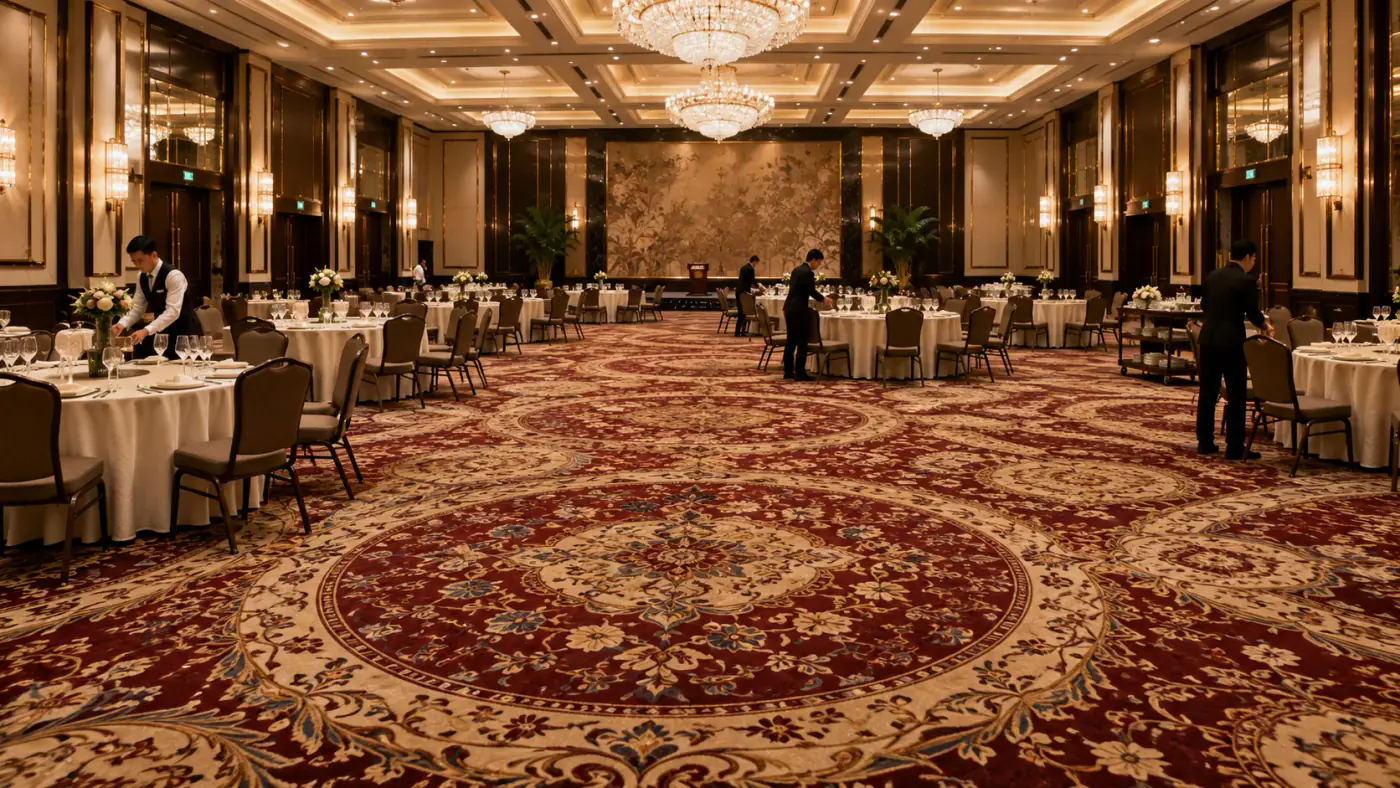 Large hotel ballroom fitted with patterned broadloom carpet for acoustic comfort