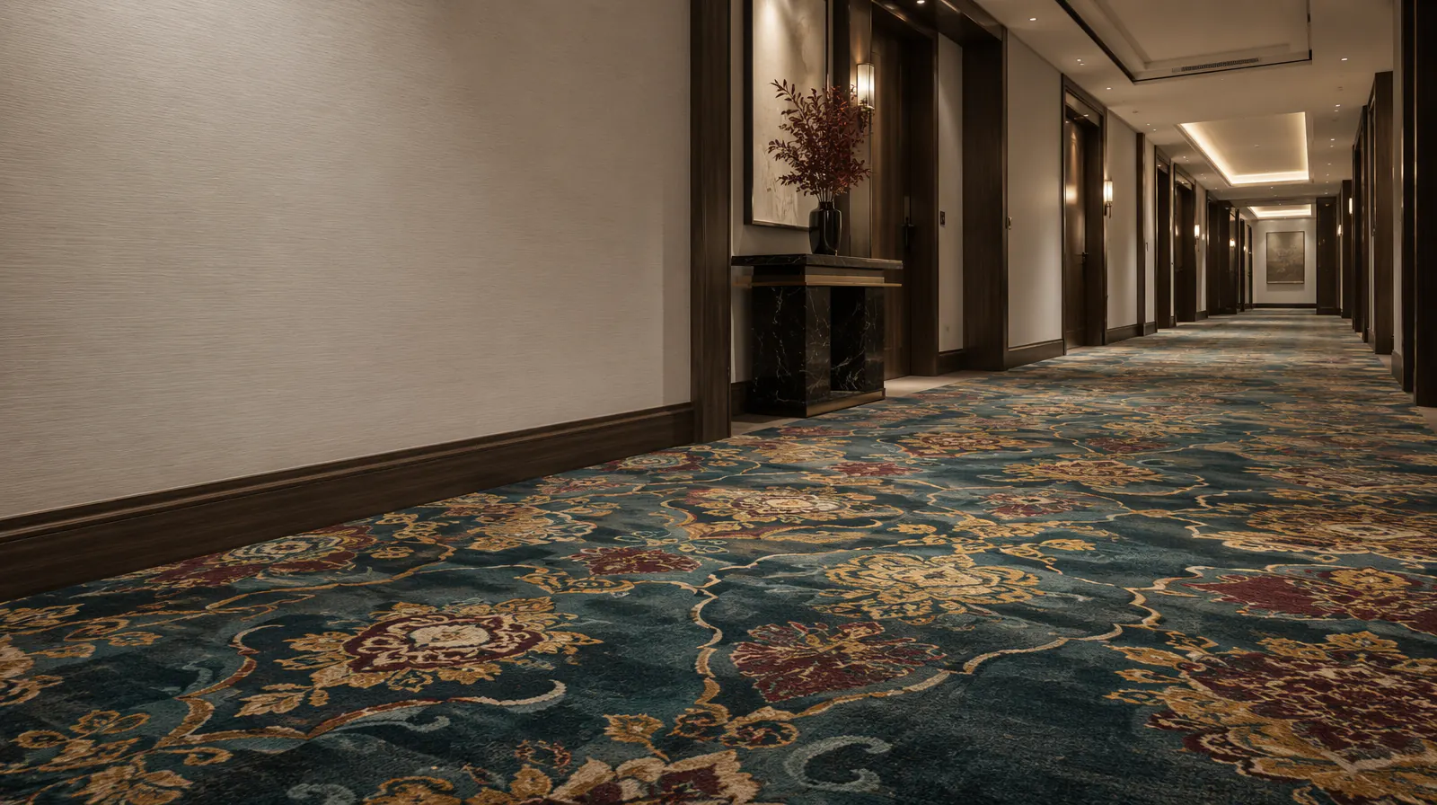 Five-star hotel corridor with a custom teal, gold, and burgundy patterned carpet