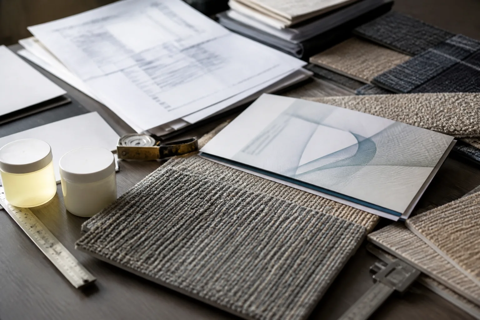 Hotel carpet material samples and fire and VOC document review materials on a technical desk
