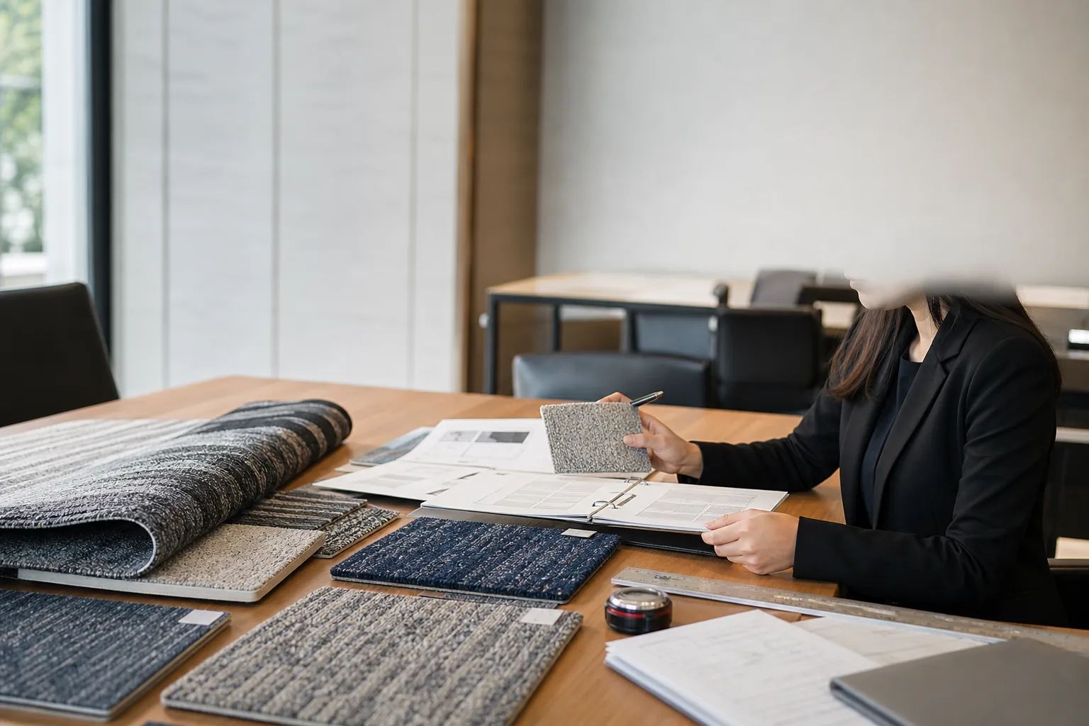 Hotel carpet procurement review desk with carpet samples, technical documents and measuring tools