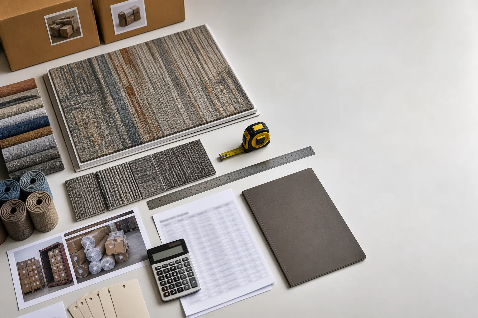 Hotel carpet RFQ checklist with samples, packing notes and procurement documents arranged for review