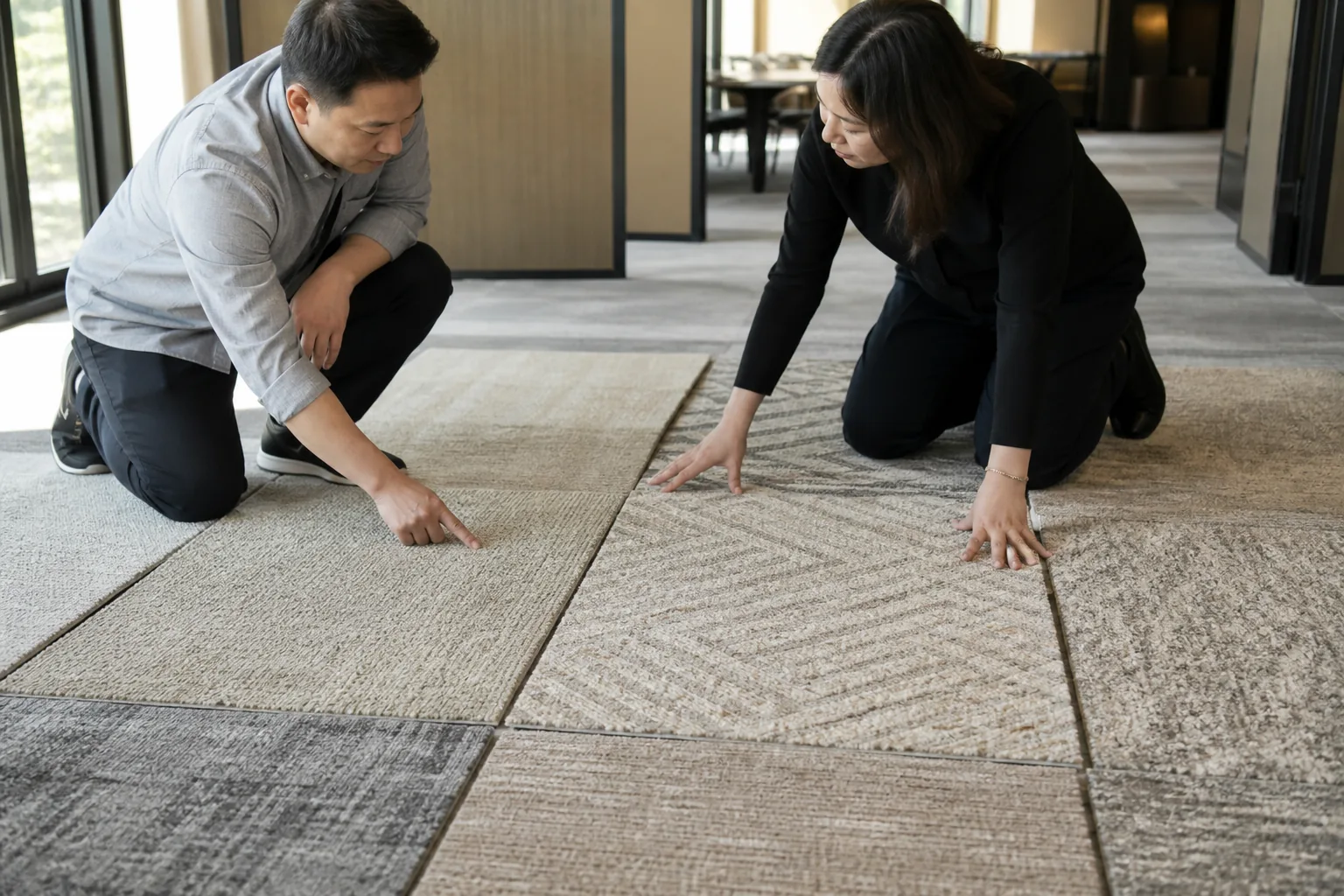 Hotel carpet samples compared for color, pattern and pile appearance during procurement approval