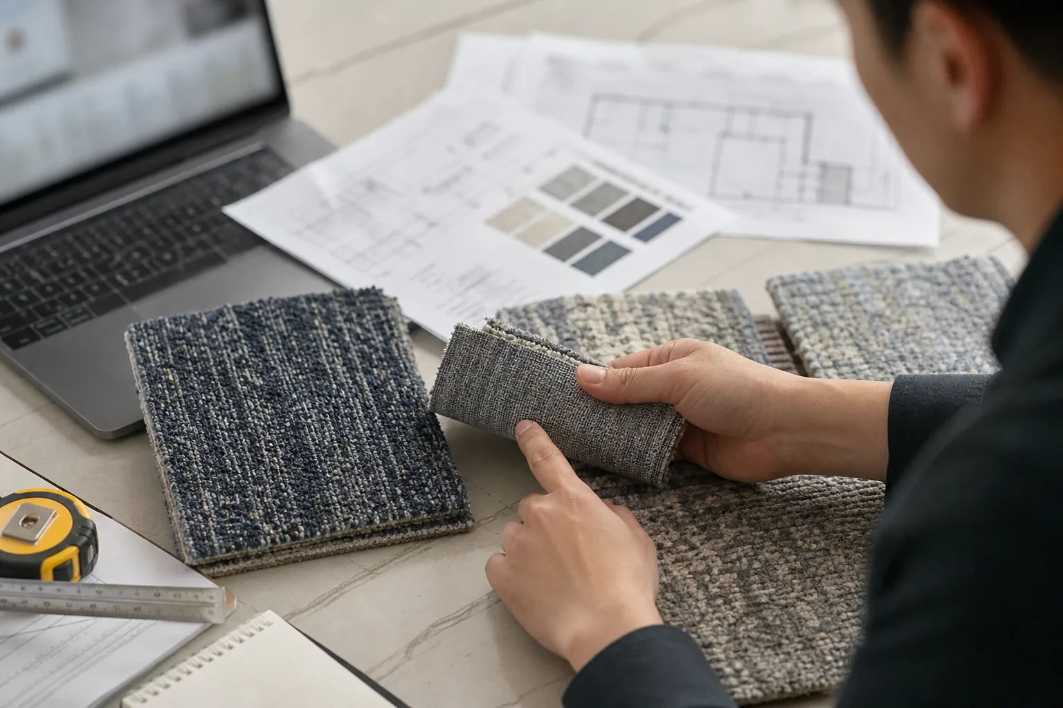 Hotel carpet technical submittal documents and carpet samples reviewed on a procurement desk