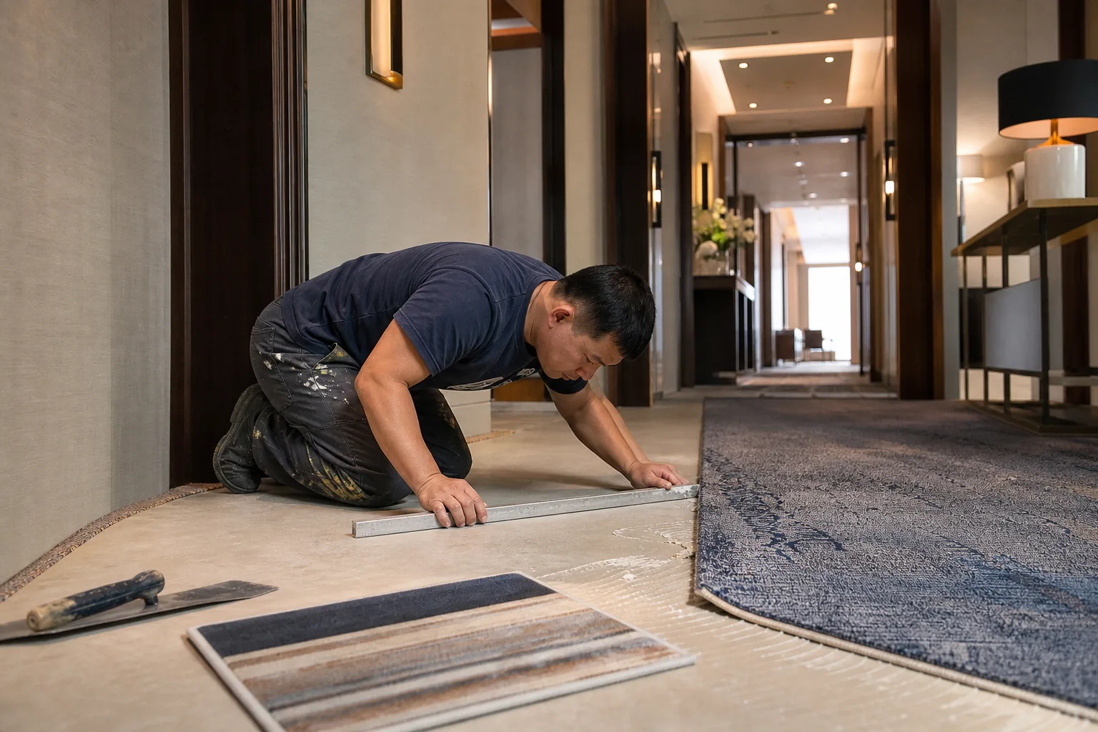 Hotel corridor carpet installation review showing subfloor, adhesive and finished-floor checks