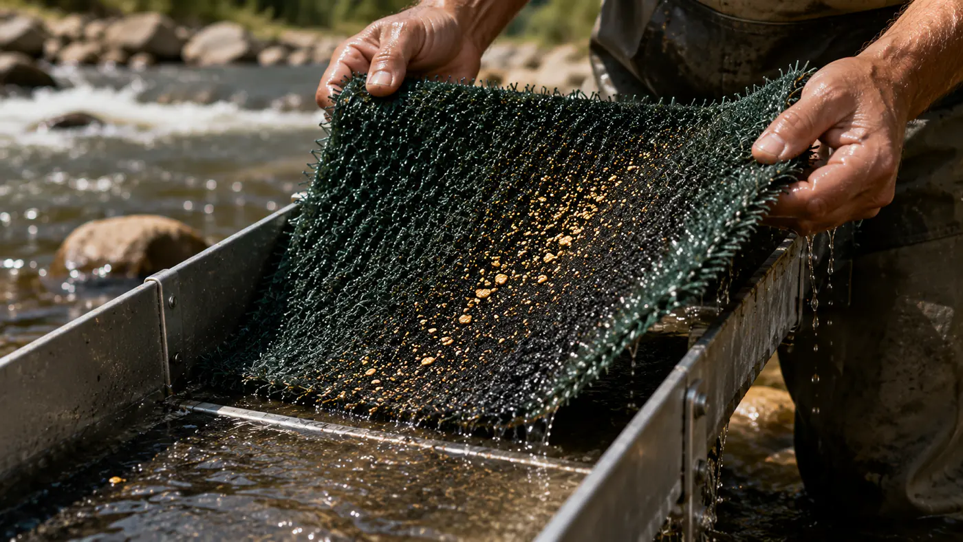 Gold particles retained in dark sluice carpet during a water wash test