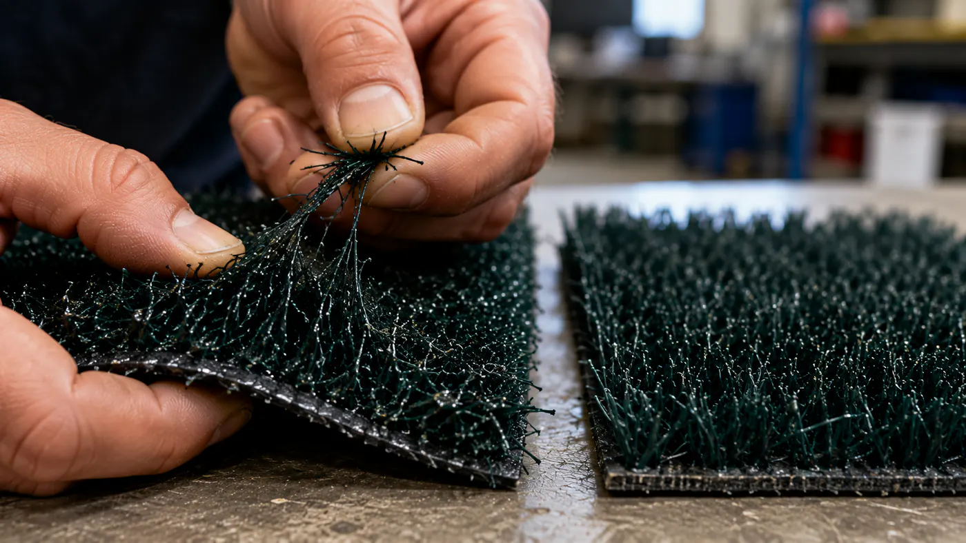 Hands performing a fiber pull test on sluice carpet samples
