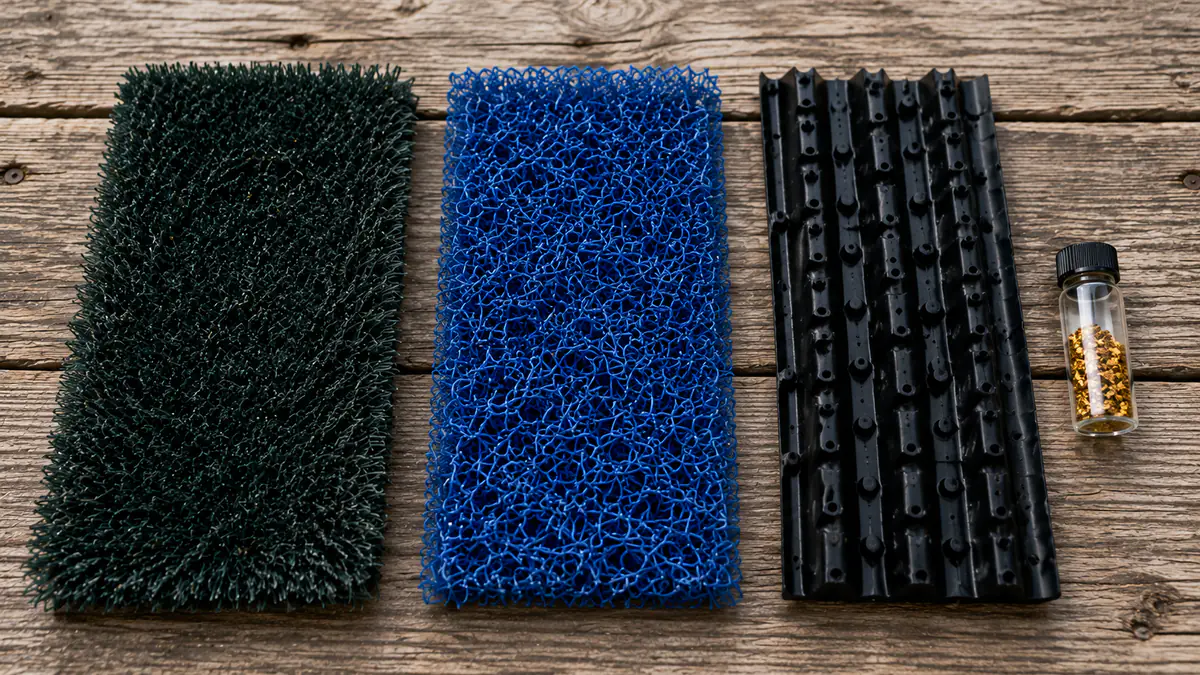 Side-by-side comparison of gold mining carpet, blue miner's moss, and black ribbed sluice matting