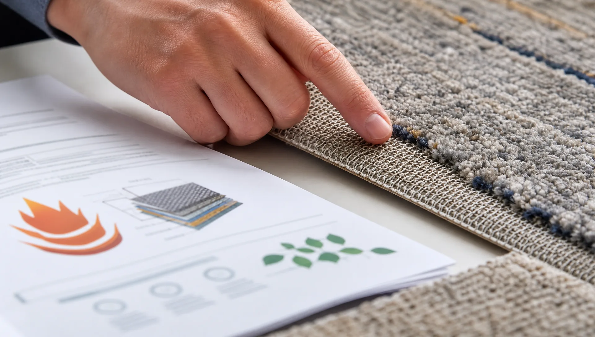 Illustrative UAE hotel carpet samples beside fire and VOC technical document review materials