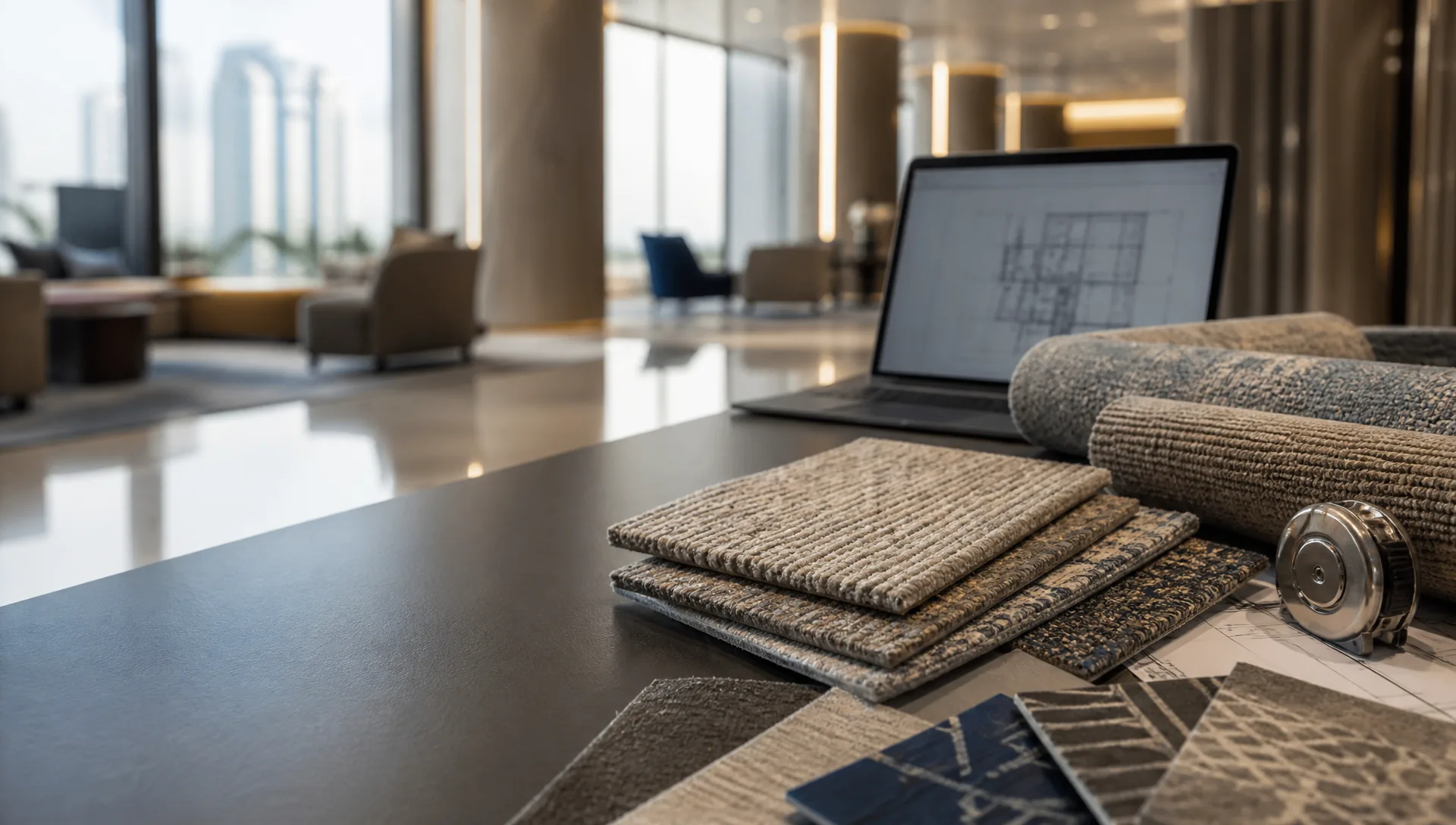 Illustrative UAE hotel carpet procurement desk with samples, broadloom swatches and measuring tools