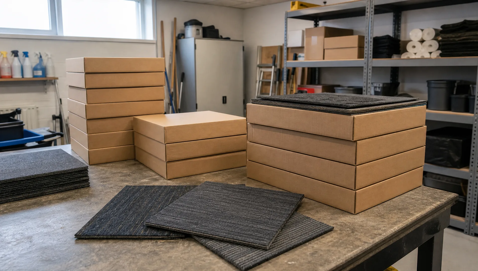 Replacement carpet tile cartons planned in an education maintenance room