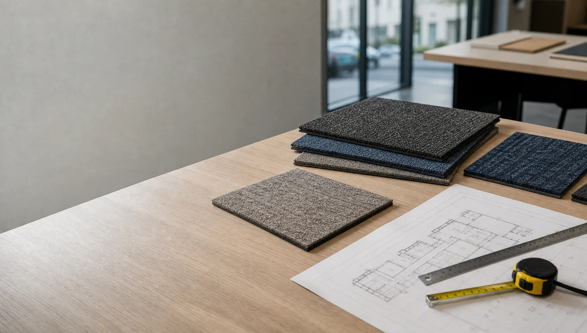 Education carpet tile procurement desk with samples and project planning documents