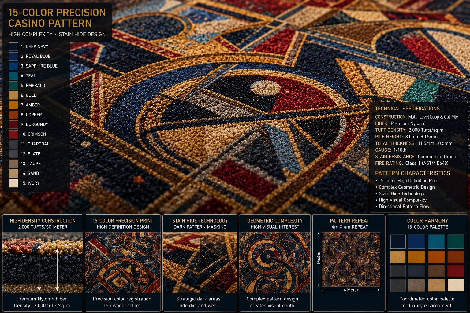 Detailed casino carpet pattern complexity close-up