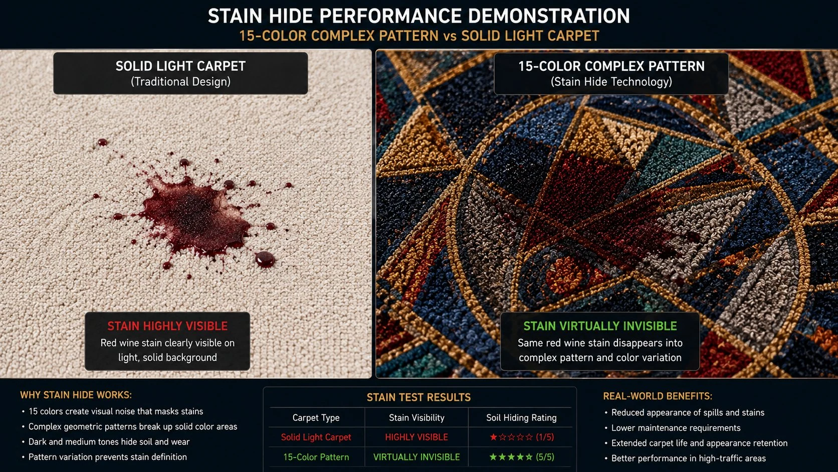 Comparison of stain visibility in complex casino carpet pattern