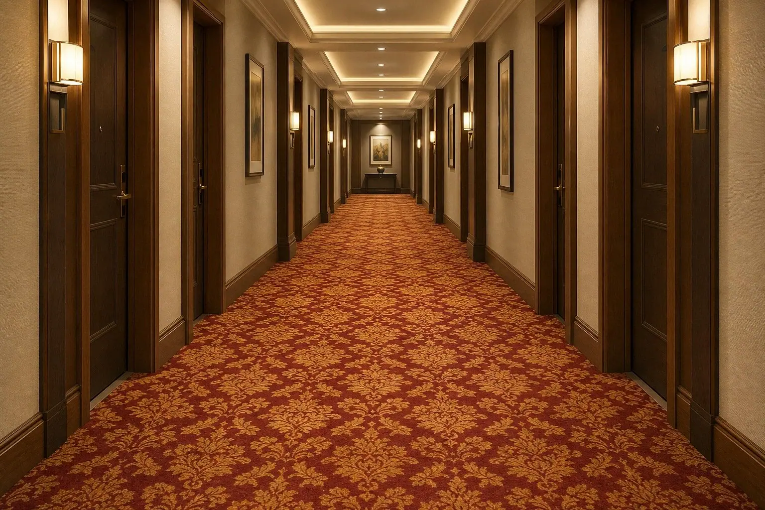 Seamless wall-to-wall printed hotel corridor carpet with ornamental pattern