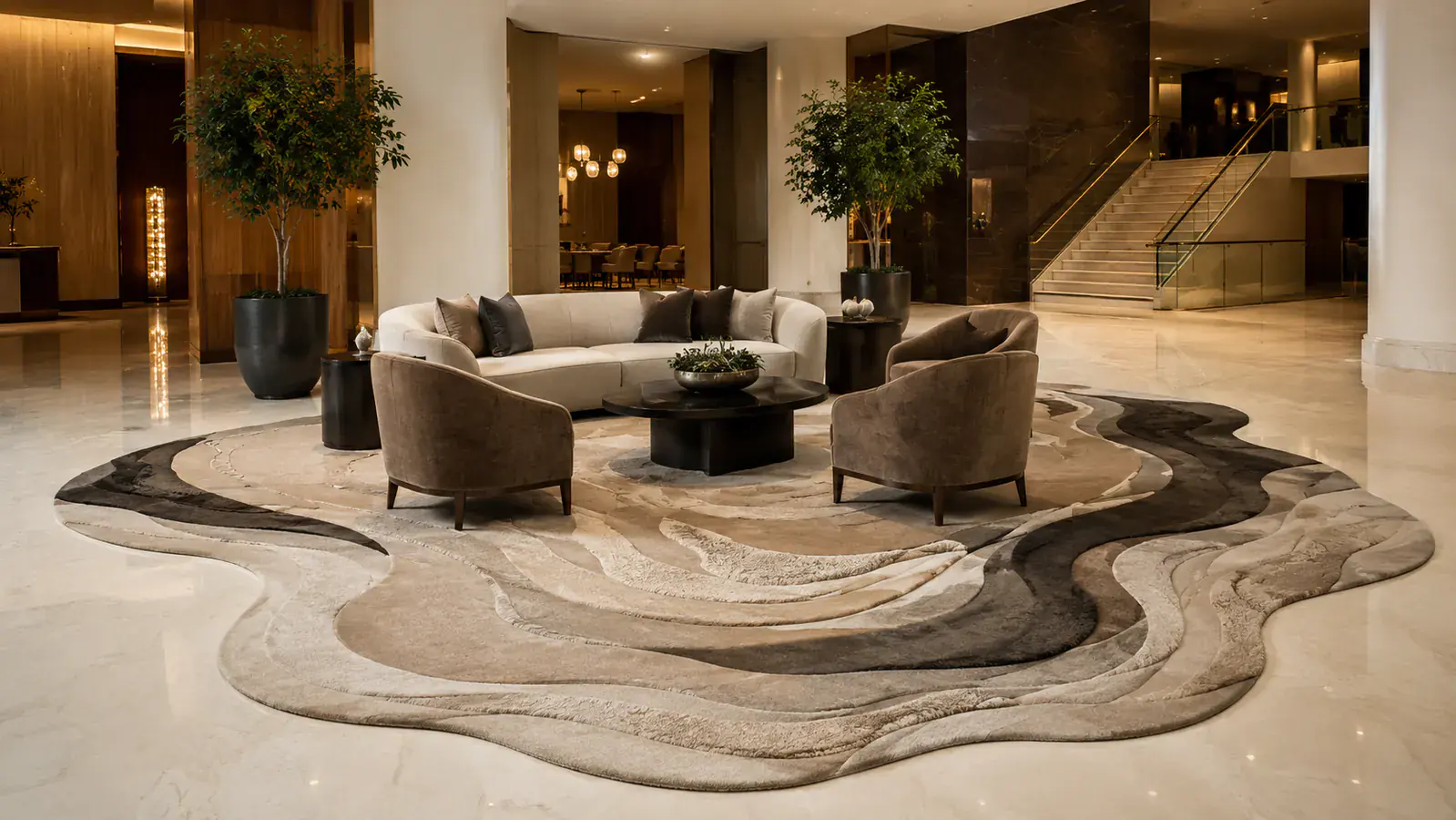 Custom sculpted wool rug with organic shape and carved pile in a luxury hotel lobby seating area
