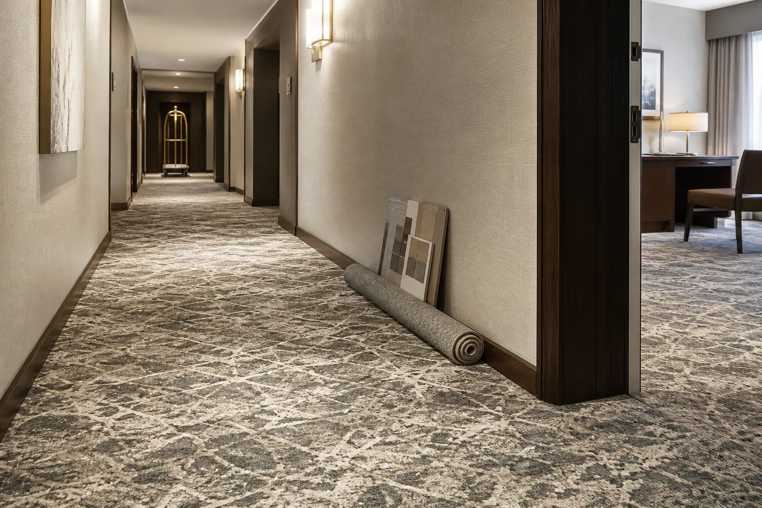 Hotel corridor and guestroom transition during a carpet renovation project