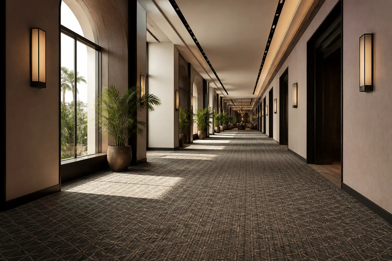 Luxury hotel corridor in Mexico with patterned wall-to-wall carpet and warm hospitality lighting
