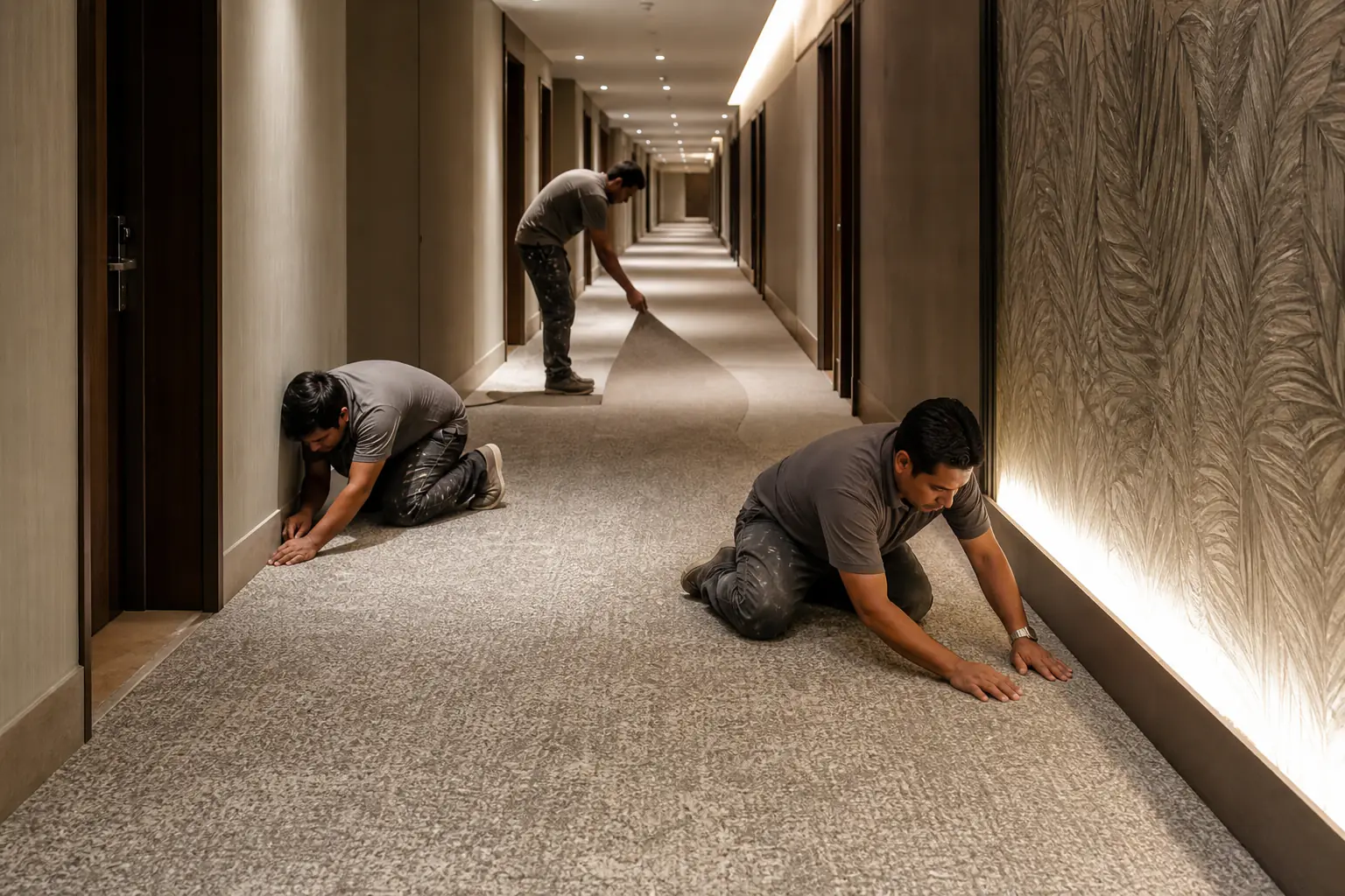 Hotel corridor carpet installation in Mexico with workers aligning broadloom along a long hallway