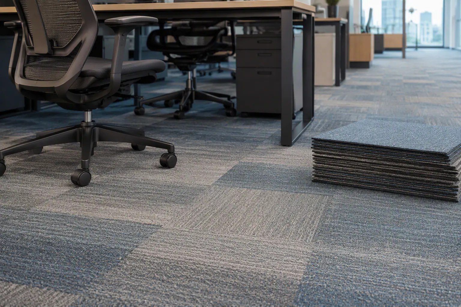 Office fit-out with modular carpet tiles under ergonomic rolling office chairs