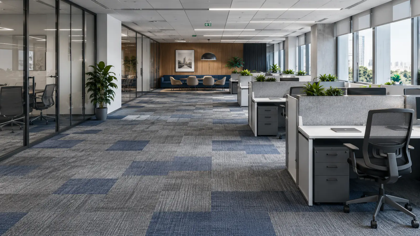 Romanian office with modular carpet tiles, rolling chairs and phased renovation zone planning