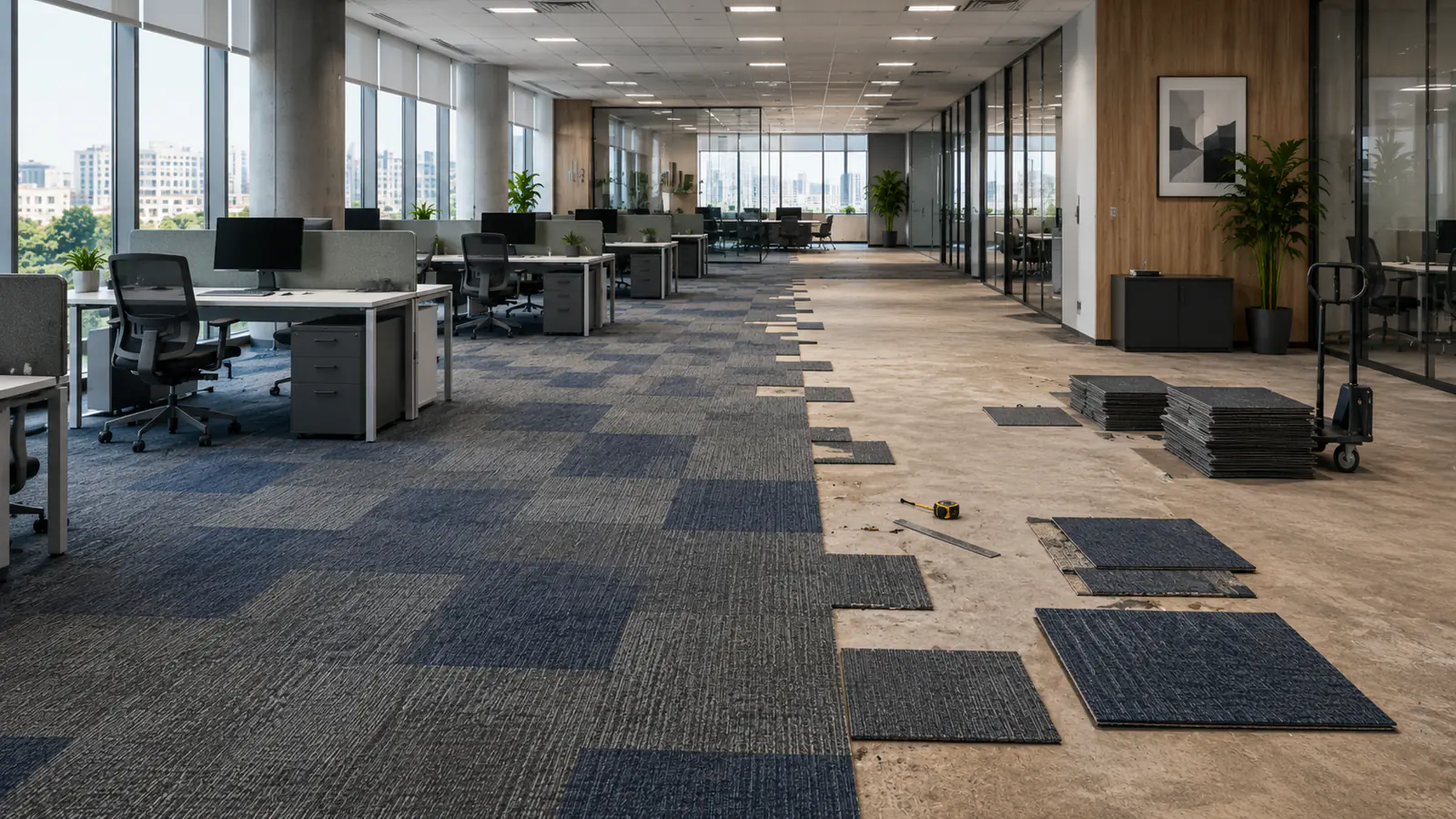 Phased office carpet tile replacement in a Romanian office with workstations and staged installation