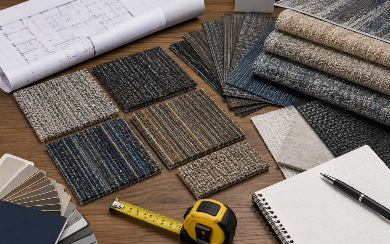 Commercial carpet samples, floor plan and backing materials for project specification review
