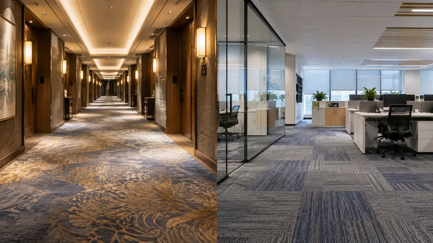 Hotel corridor carpet and office carpet tile flooring compared side by side