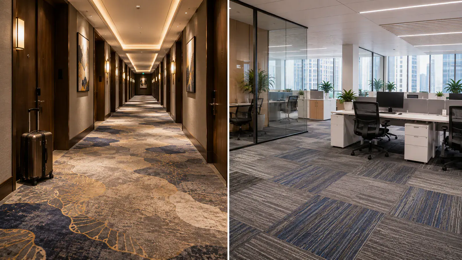 Split view of a hotel corridor broadloom carpet and an office carpet tile floor for procurement comparison