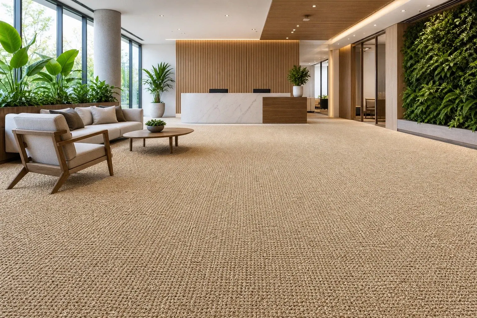 Natural sisal linen-weave commercial carpet installed in office reception public area by Vishomecarpet