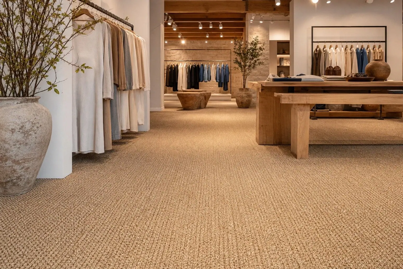 Sisal commercial carpet flooring in an upscale boutique retail interior