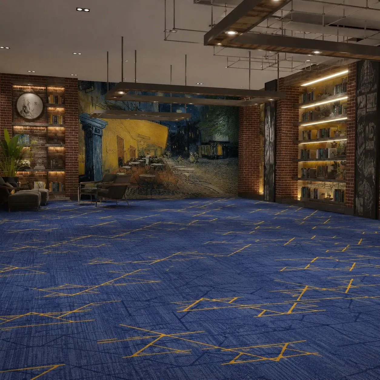 3D printed banquet hall carpet in royal blue with gold geometric pattern in a hotel event space