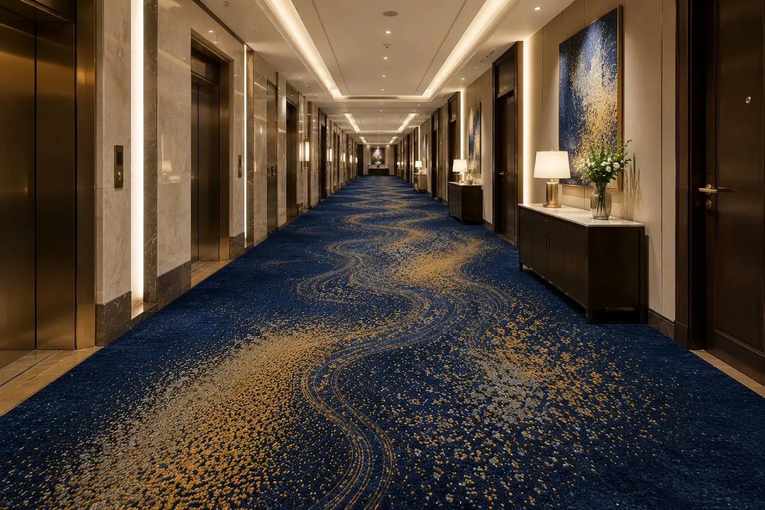 Blue and gold glitter hotel corridor broadloom carpet installed in a luxury hotel by Vishomecarpet