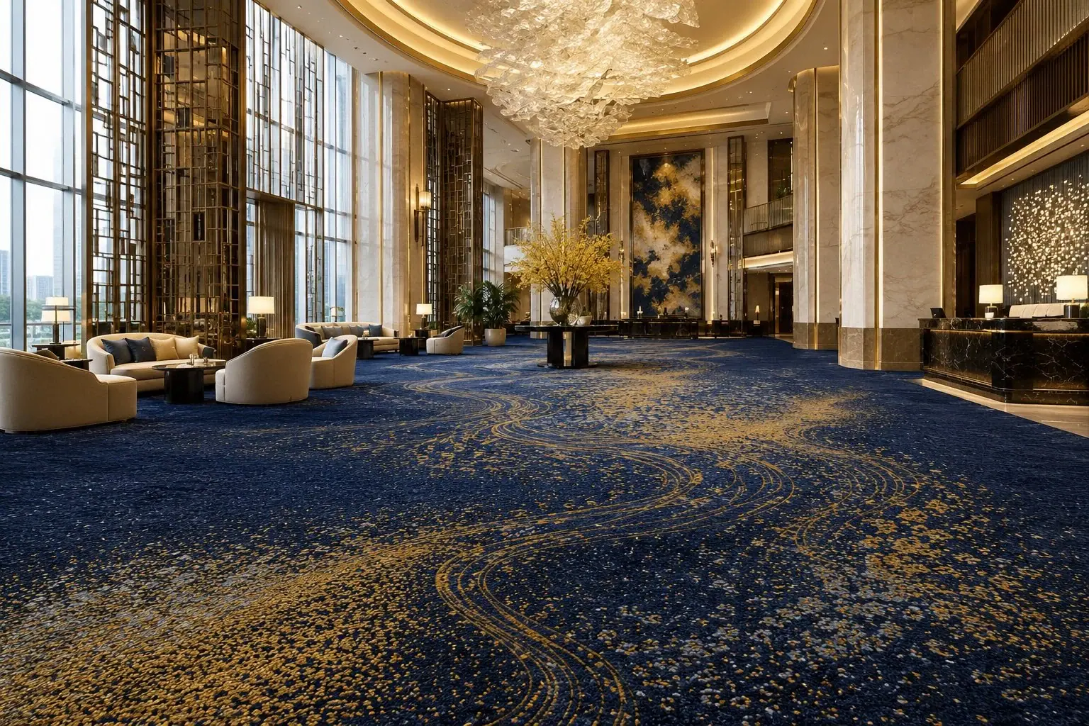 Hotel lobby corridor carpet with glitter gold pattern and navy background