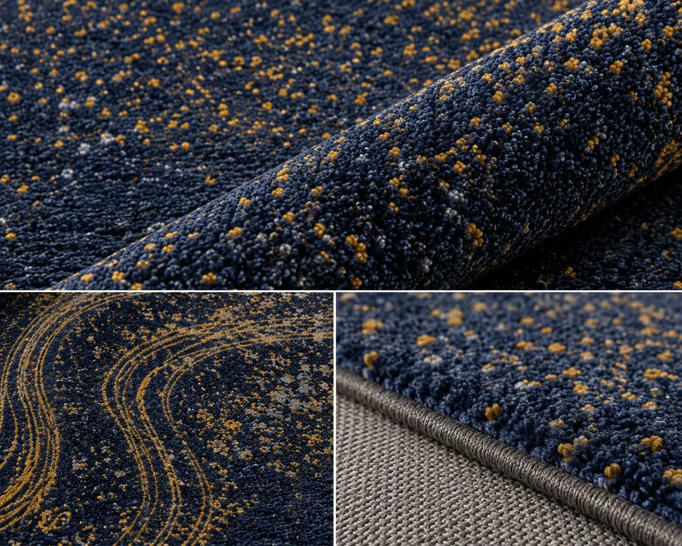 Close-up of blue gold hotel broadloom carpet texture and pattern
