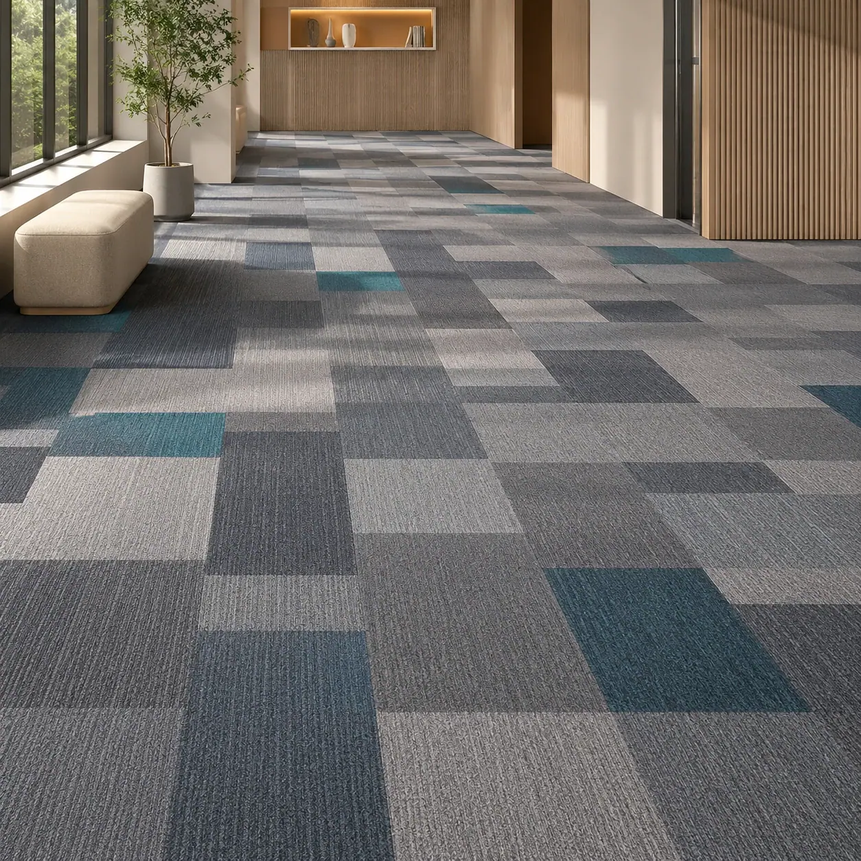 Commercial nylon carpet tiles in an office lobby and meeting area