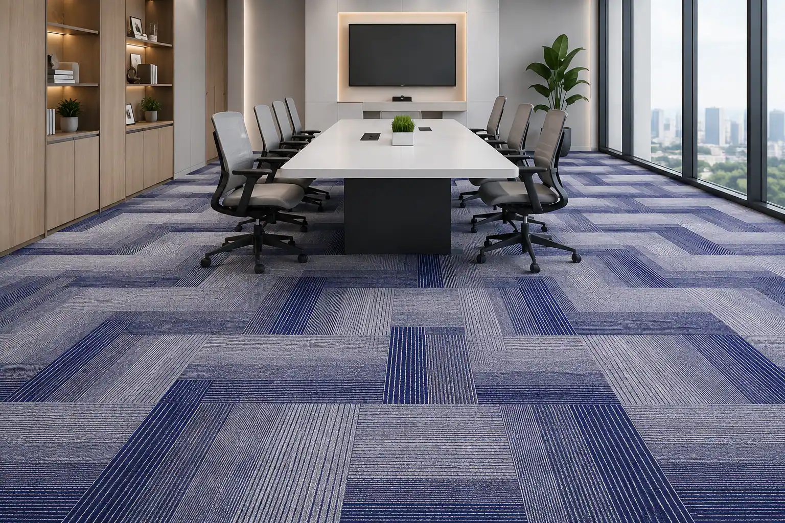 Blue and gray PP office carpet tiles with bitumen backing in a meeting room