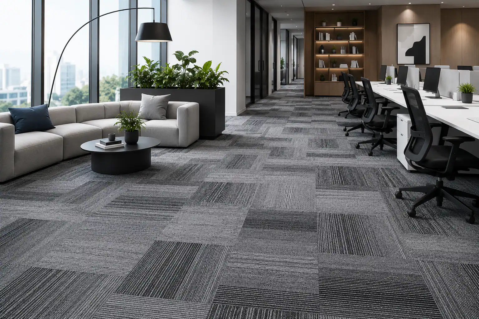 Modular PP carpet tiles for open office lounge and commercial flooring projects