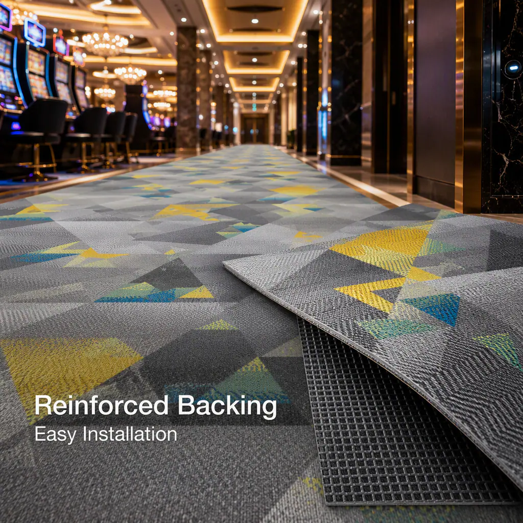 Reinforced backing and installation view for polyester loop casino carpet