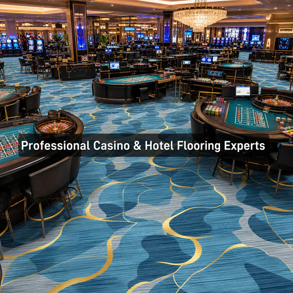 Professional casino and hotel flooring scene with custom patterned commercial carpet