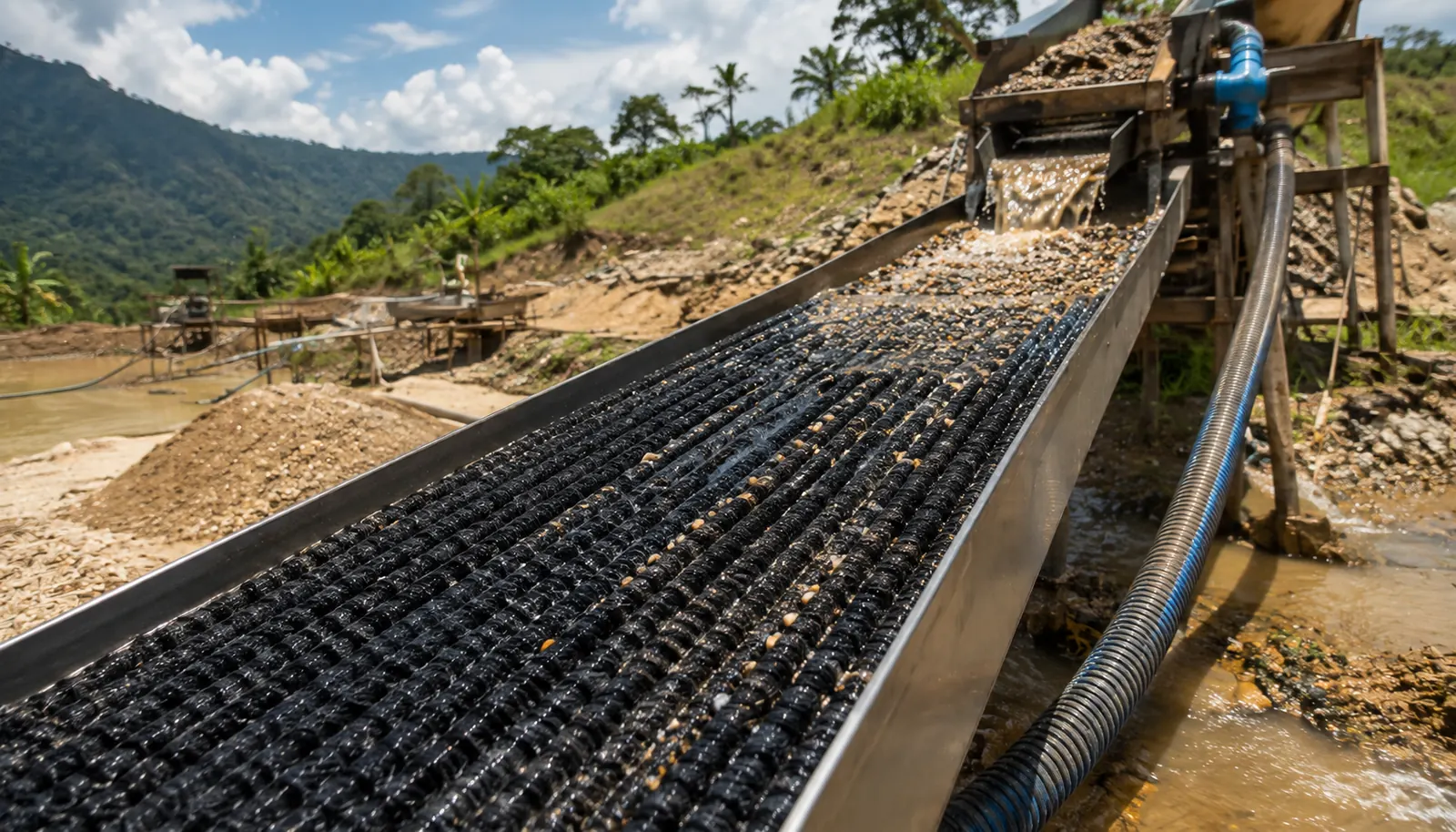 Gold mining carpet mat used in an alluvial recovery washing setup for Colombia distributor planning