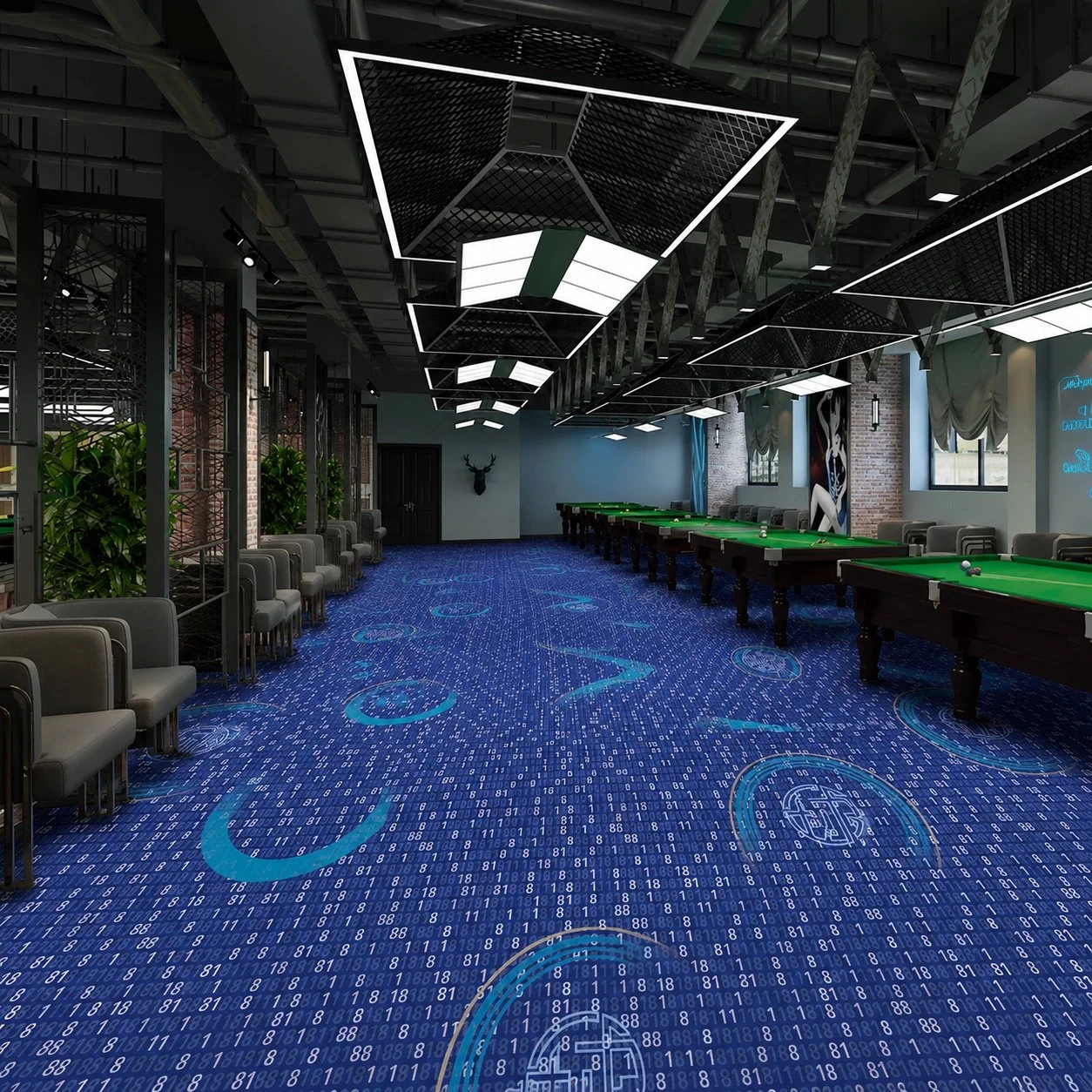 Printed commercial wall-to-wall carpet in a billiard club, blue pattern with custom motifs