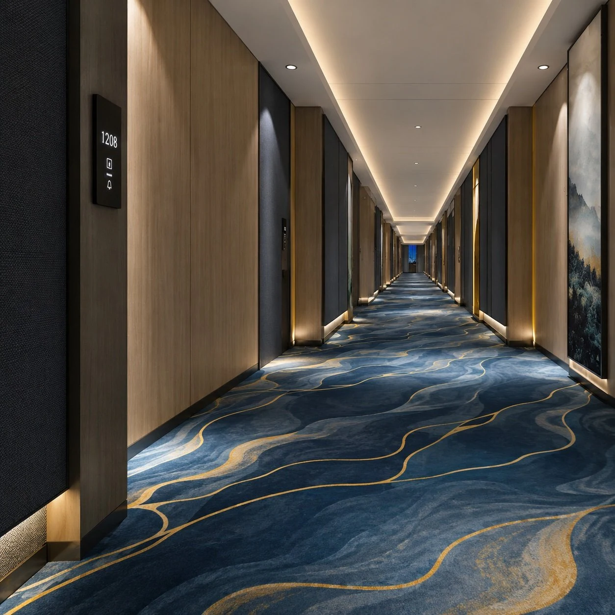 Hotel corridor wall-to-wall carpet with 3D printed blue and gold wave pattern by Vishomecarpet