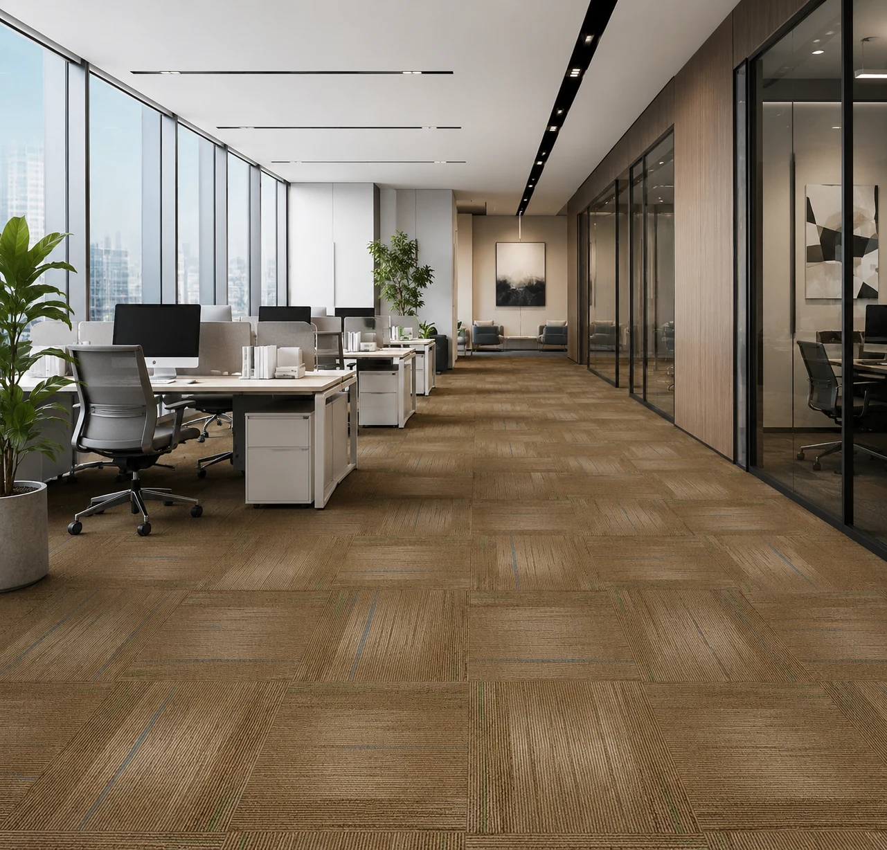 Modern office application with 50x50 commercial carpet tiles and modular floor carpets