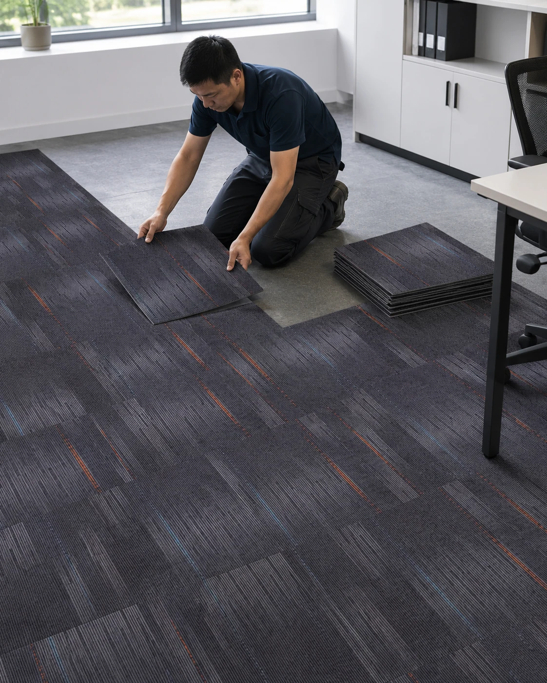 Installation demonstration of interlocking carpet tiles for tile office carpet projects